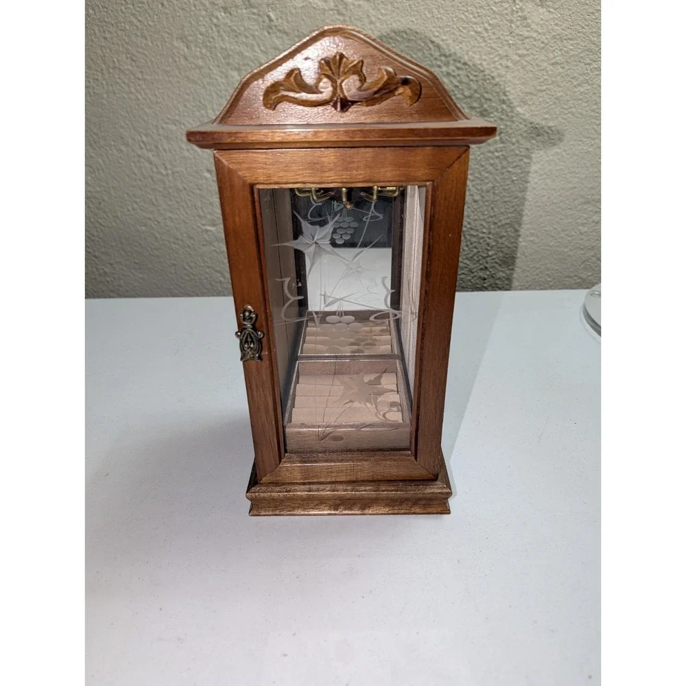 Vintage Wooden‎ Jewelry Cabinet Necklace Ring Etched Glass & Mirror